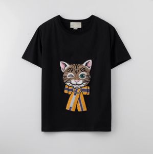 100% bomull broderi katt t-shirts grossist Mode herr T-shirt Klassisk lös stil dam t-shirt Hög precision stickteknik