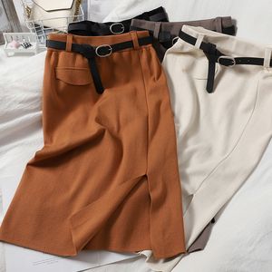 Mulheres Design Split Feito de malha Saia coreana sólida slim lápis saia de moda cintura alta bodycon streetwear saia 210419