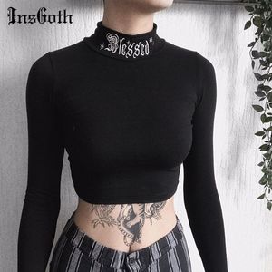 Insgot Damskie Czarny Bodycon Z Długim Rękawem Z Długim Rękawem Crop Tops Gothic Harajuku List Haft Vintage Solid Tops Kobiet Dorywczo Podstawowe Topy Y0508