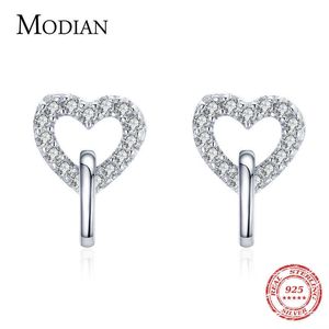 Original 925 Sterling Silber Link Herz Ohrstecker Für Frauen Glänzend Klar CZ Tier Mode Feine Korea Schmuck Orecchini 210707