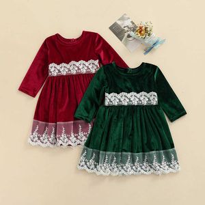 Nyfödda Baby Girls Princess Dress Kids Girls Långärmad Lace Bowknot Velet Klänning Chirstmas Party Dresses Outfits G1026