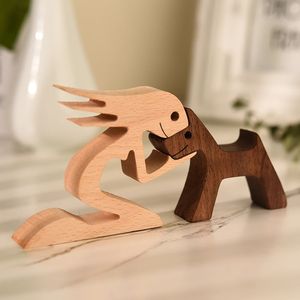 Home Figurines Family Puppy Wood Dog Craft Figurine Desktop Table Ornament Carving Model Creative Office Decoration Love Pet Sculpture