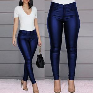 Zwykły Sexy Bodycon PU Skórzane spodnie dla kobiet Solid Blue Skinny Elastyczna Wysoka Talia Ołówek Burgundia Spodnie Kobiet 2021 Damskie Capris