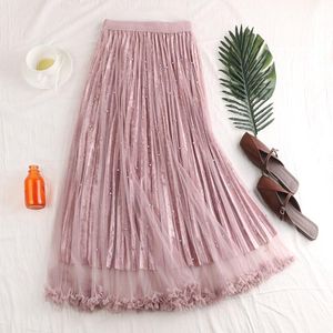 Skirts E42 Winter Tall Waist More Show Thin Nail Bead Pleuche White Gauze Pleated Long Skirt In The Female