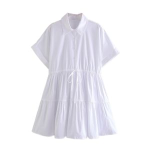 Fashion White Draped Mini Shirt Dress Women Summer O Neck Short Sleeve Female Dresses Vestidos 210430