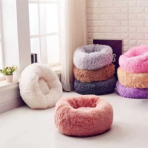 Round Pet Bed House Dog Cat Long Plush Calming Dounts Beds Soothing Kennel Ultra-Soft s Basket Puppy Sofa 211006