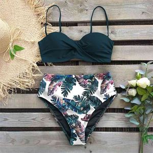 Hohe Taille Bikini Set Frauen Sexy Blume Badebekleidung Vintage Halter Hals Badeanzug Weibliche Biquini Bain Tiefblau Badeanzug 210630