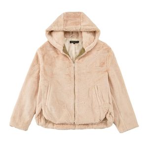 秋と冬の製品のファッションソリッドカラージッパーフード付きの暖かいフェイクの毛皮効果ジャケット全体のマッチショート婦人服210521