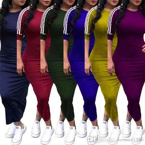 S-3XL Mulheres Midi Vestidos Moda Stripe Dress Multi Cor Slim Sport Style Long Skirt roupas de uma peça