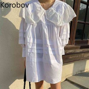 コロバフの新しい到着女性堅いエレガントな韓国のドレス夏のドレスオフィスの女性ピーターパンカラーvestidos Mujer 210430