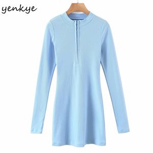 Vintage Solid Screw Thread Knit Dress Women Stand Collar Long Sleeve Sexy Bodycon Mini Spring Vestido 210430