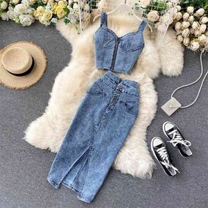 Summer Two Piece Set Women Sexy Jeans 2Two Zipper Crop Tops Bustier Bra +Bodycon Long Denim Split Skirt Suits 210530