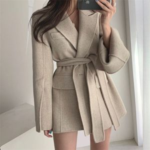 [EWQ]Korean Autumn Suit Collar One Button Bandage Waist Closed Split Long Sleeve Warm Wool Coat Female Fashion Winter 16E3209 211130