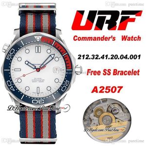 URF Diver 300M A2507 Relógio automático masculino Commander 007 Edição limitada com mostrador branco Nato Commander Strap Red 7 Calendário 2023 (pulseira SS grátis) Puretime