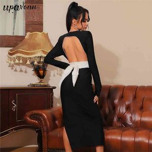 Free Women's Black Halter Bandage Dress Sexy Square Neck Long Sleeve Bodycon Bow Club Party Midi Vestido 210524