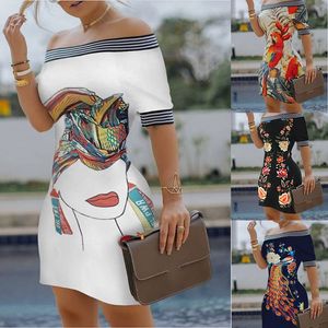 European och American Casual Dresses One-Word Shoulder Digital Print Trim Sexig Penna Kjol Girl