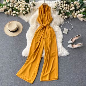 Singreiny Kvinnor Elegant Solid Rompers Koreansk V Nacke Ärmlös Bälte Jumpsuits Sommar Mode Casual Wide Long Long Rompers 210419