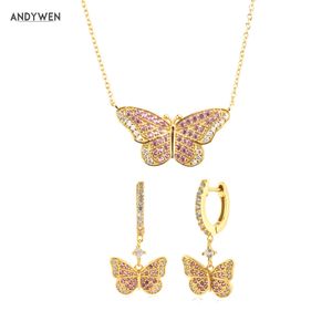 ANDYWEN 925 Sterling Silver 2021 Clear Pink Butterfly Pendant Collana a catena lunga Fashion Crystal Luxury Jewelry 2021 Wedding