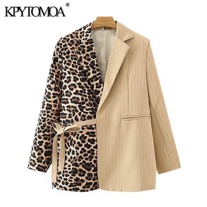Mulheres Moda Leopardo Imprimir Patchwork Blazer Casaco Vintage Manga Longa Com Cinto Outerwear Chique Tops 210416