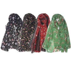 Autumn Winter Colorful Printed Voile Scarf With Candy Santa Pattern For Women Christmas Gifts