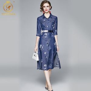 Women Autumn Vintage Printing Denim Dress High Quality Elegant Femme Designer Runway Party Vestidos Send Belt 210520