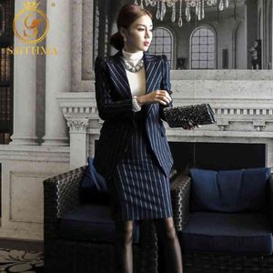 Hochwertige Marineblaue und weiße Streifen, formelle Uniform-Designs, Damenanzüge mit Jacken und Kleid für Damen-Büro-Sets 210520