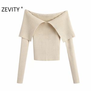 Zevity Kvinnor Sexig Slash Neck Solid Färg Slank Knitting Sweater Femme Chic Basic Långärmad Casual Pullovers Märke Tops S477 210918