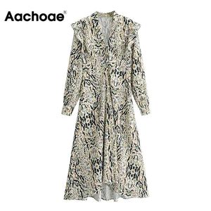 Stylish Leopard Printed Midi Women V Neck Ruffles Retro Party Dresses Female Long Sleeve Buttons Split Dress 210413