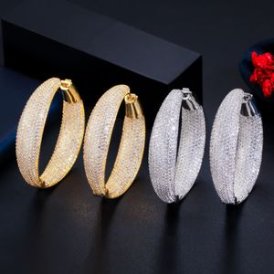 High End Micro Pave Cubic Zirconia Round Big Statement Hoop Earrings Silver Color Luxury Women Wedding Bridal Jewelry