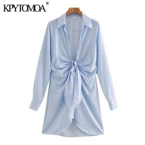 Women Chic Fashion With Knot Striped Pleated Mini Dress Vintage Long Sleeve Irregular Female Dresses Mujer 210416