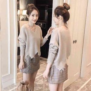 Short V-neck Sweater Women's Solid Color Was Thin Spring And Autumn Casual Net Red Loose Shirt 210427