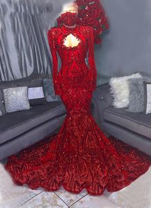 Abiti da ballo lunghi sexy 2022 Stile sirena Collo alto Manica lunga Rosso Paillettes applique Africano aso ebi Ragazze nere Abiti da sera di gala