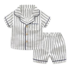 Letnie dzieci Paski Bawełniane Bawełniane Piżamy Piżamy Zestaw Dla Chłopców Bielizna Odzież Koszula Koszula + Szorty 2 sztuk 210528