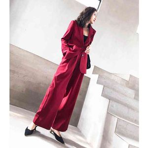 Fashion Lady Dois Peece Terno Define Sólidos Vermelho Elegante Elegante Blazers e Wide Leg Calças Mulheres Set Feminino Roupas 210608