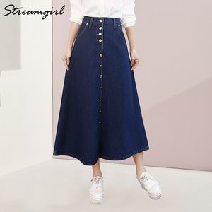 ストリームガールデニムスカート女性プラスサイズ韓国のファッションロングジーンズスカートボタンビッグ裾カジュアルハイウエストスカート210421