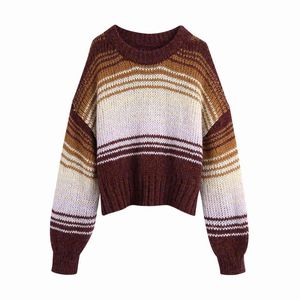 Vintage Woman Loose Stripe Patchwork Sweaters Autumn Winter Fashion Ladies Soft Warm Knitwear Female Casual Knitted Tops 210515
