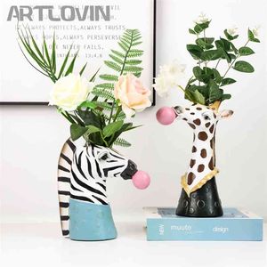 Modern Animal Head Succulent Vase Flower Pot Resin Hand Painting Giraffe/Zebra/Bear/Panda Blowing Bubbles Bust Figure 210804