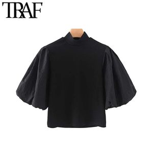 TRAF Mulheres Vintage Elegante Escritório Desgaste Colcha Desgaste Blusas Moda Fashion Colar Lanterna Sleeve Feminino Camisas Chic Tops 210415