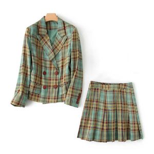 Two-piece elegant women's suit skirt Autumn high quality double breasted plaid ladies jacket Slim 210527