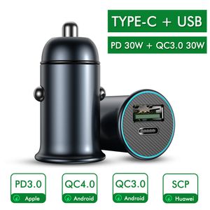 Dual Ports QC3.0 Typ C USB PD 3.0 Snabb Laddning Metall Bil Cigarett Lighter Laddare 3a för iPhone 12 Xiaomi Samsung