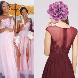 Erröten rosa lange Brautjungfernkleider Chiffon Spitze appliziert bodenlangen hohe Schlitze Trauzeugin Ballkleider Hochzeitsgastkleid