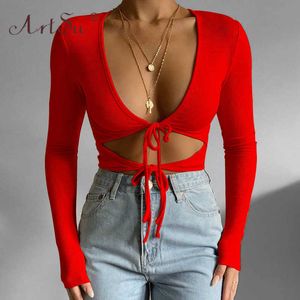 ArtSu Red Black Pink Bandage V-Neck Front Tie Up Top Women Long Sleeve Skinny Sexy Crop Tops Streetwear Female Cut Out Tee Shirt Y0629