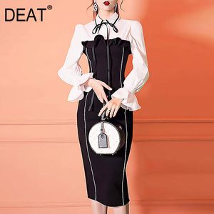 DEAT KVINNOR Svart Patchwork Bow High Dress Ny nedbrytning Krage Neck Butterfly Sleeve Slim Fit Fashion Tide Summer 7e0453 210428