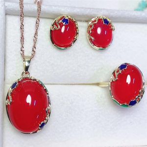 Jadery Charms Natural Red Chalcedony Jade Jewelry Sets For Women Female Sterling Silver Party Fine Drop Ship Bracelet Earrings N