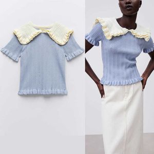 Za vintage ruffle knit tröja kvinnor kort puff ärm blå våren stickad topp kvinna mode streetwear elastisk pullover 210602