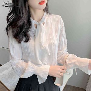 Sonbahar Yay Zarif Beyaz Gömlek Kadın Ofis Bayan Fener Uzun Kollu Şifon Bluz Katı Kadın Giyim 10898 210508