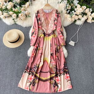 Singreiny Women Design Print Maxi Klänning Elegant O Neck Långärmad A-Line Aftonklänning Vår Casual Chic Streetwear Lång Klänning 210419