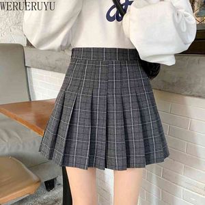 Werueruyu Harajuku A-Line Mini Plaid Spódnica Dziewczyna Wysoka Talia Plisowany Sailor Koreański Kawaii School Uniform krótki spódnica Skort 210608