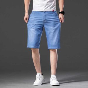 Letnia Marka Stretch Cienki Wysokiej Jakości Bawełniane Denim Jeans Mężczyźni Kolano Długość Miękkie Light Blue Casual Shorts Plus Size 28-46 210622