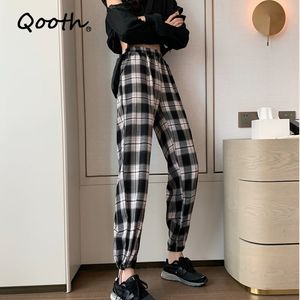 Qooth Women's Plaid Check Harem Byxor Höstbyxor Ins Elastic Waist Long Pantalon Kvinna Causal Palazzo Oversized Qt148 210518